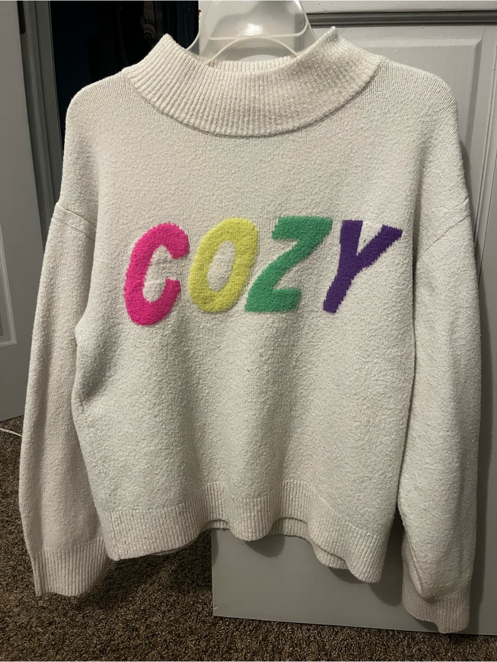a new day Cream Turtleneck Sweater with Pink, Yellow, Green & Purple 'COZY'